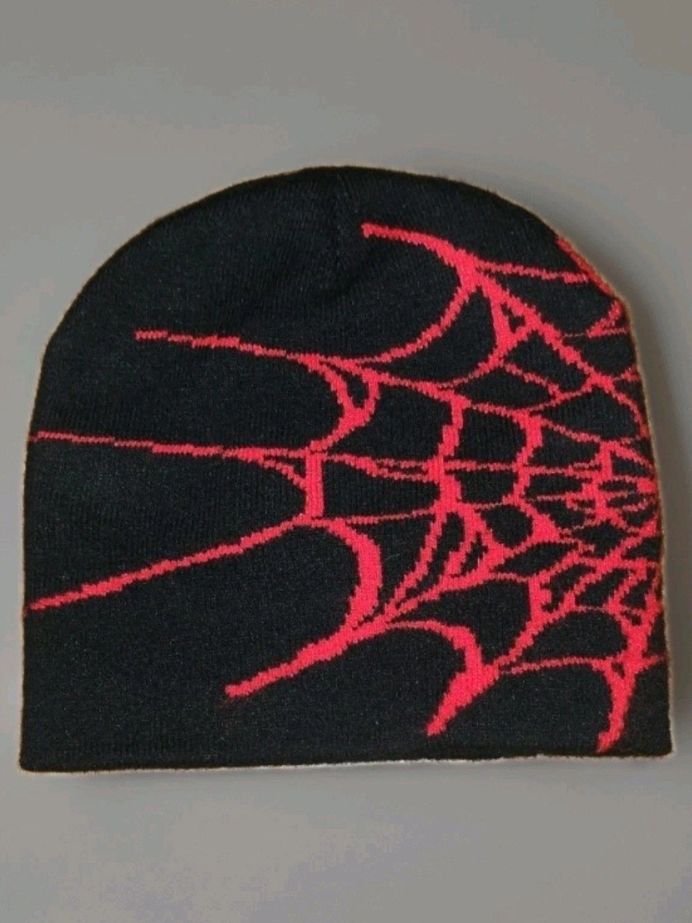 Black Red Spiderweb Knit Beanie Y2K Goth Emo Alt Skull Cap 100% Acrylic